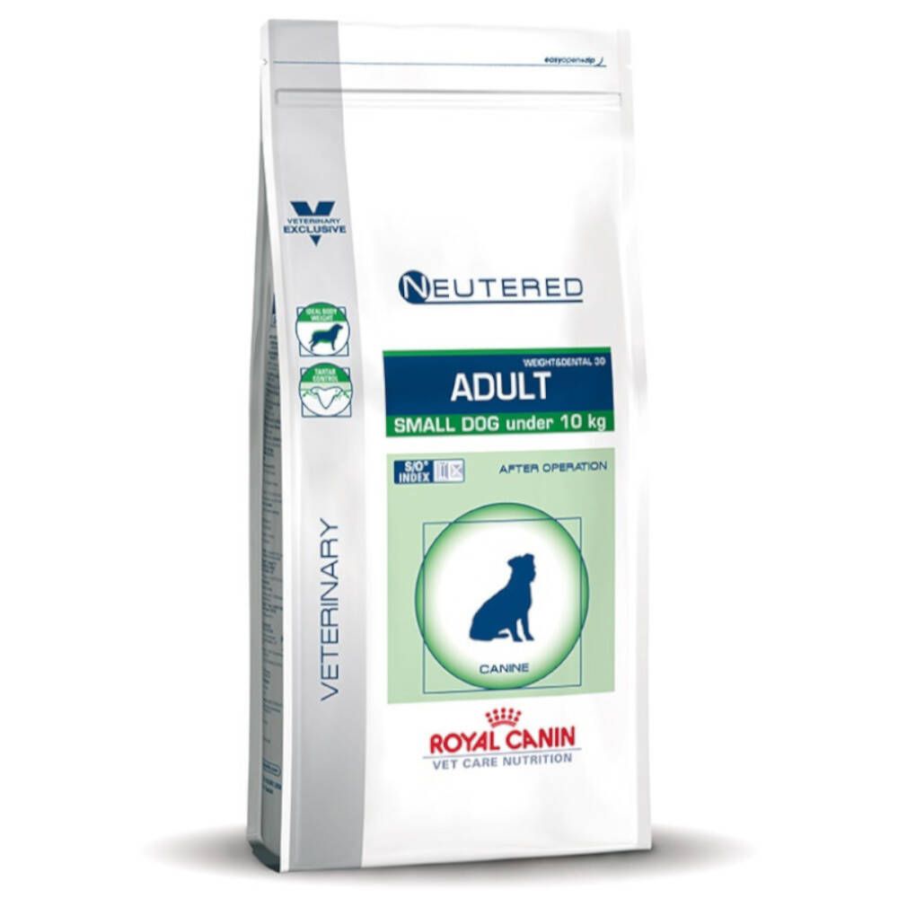 Beutel ROYAL CANIN Veterinary Neutered Adult Small Dogs. Text: Neutered, Adult, Small Dog under 10 kg. Logo.
