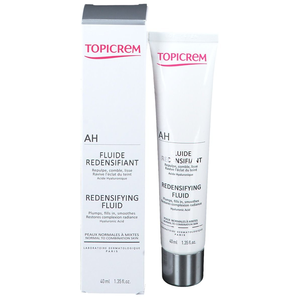 Produktverpackung mit Tube und Schachtel. Tube: weiß, silberner Verschluss. Schachtel: weiß, grau. Text: TOPICREM, AH, Fluide Redensifiant.