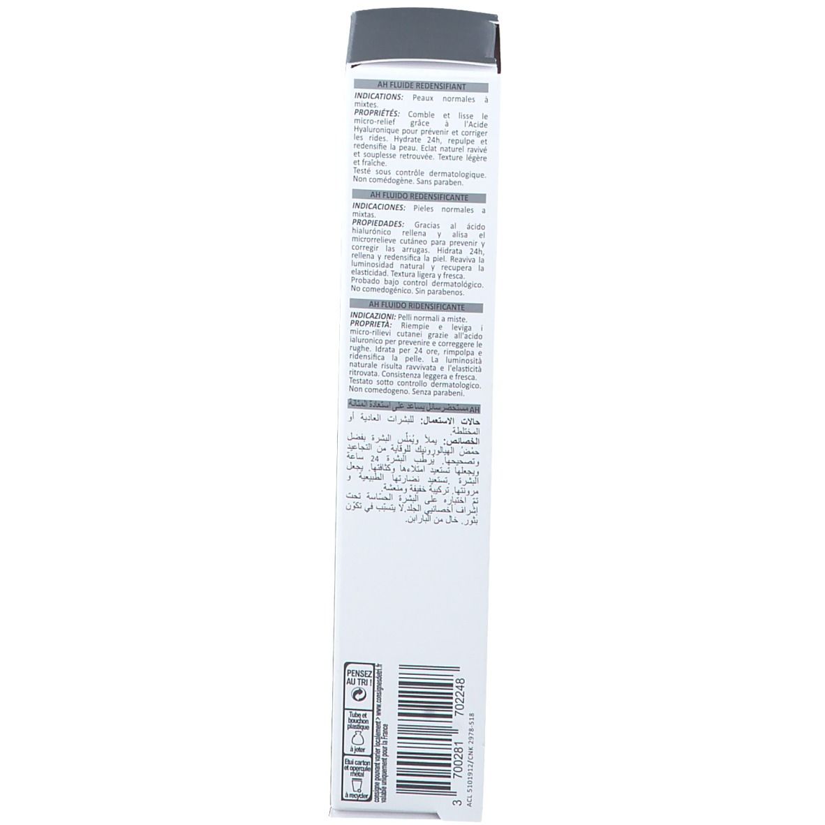 Rückseite der weißen Schachtel. Text in mehreren Sprachen. Herstellerinformationen. Barcode.