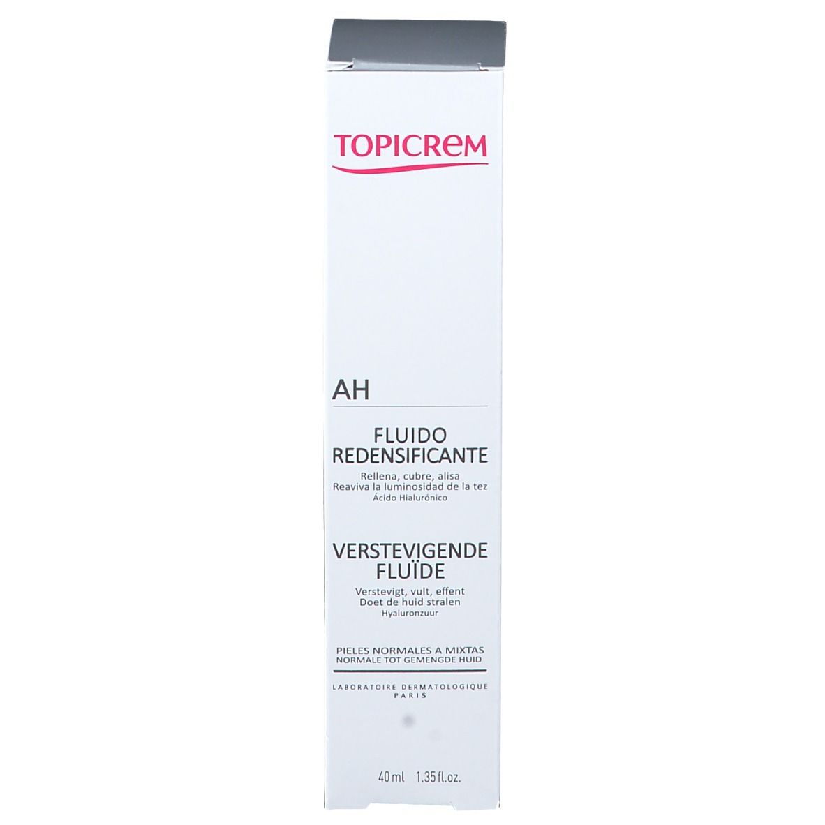 Weiße Schachtel mit grauem Deckel. Text: TOPICREM, AH, Fluido Redensificante, Verstevigende Fluide. 40ml.