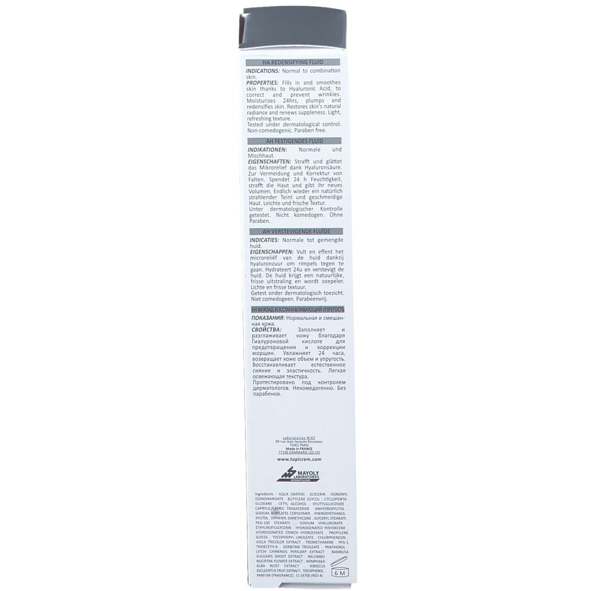 Rückseite der weißen Schachtel. Text in mehreren Sprachen. Herstellerinformationen. Barcode.