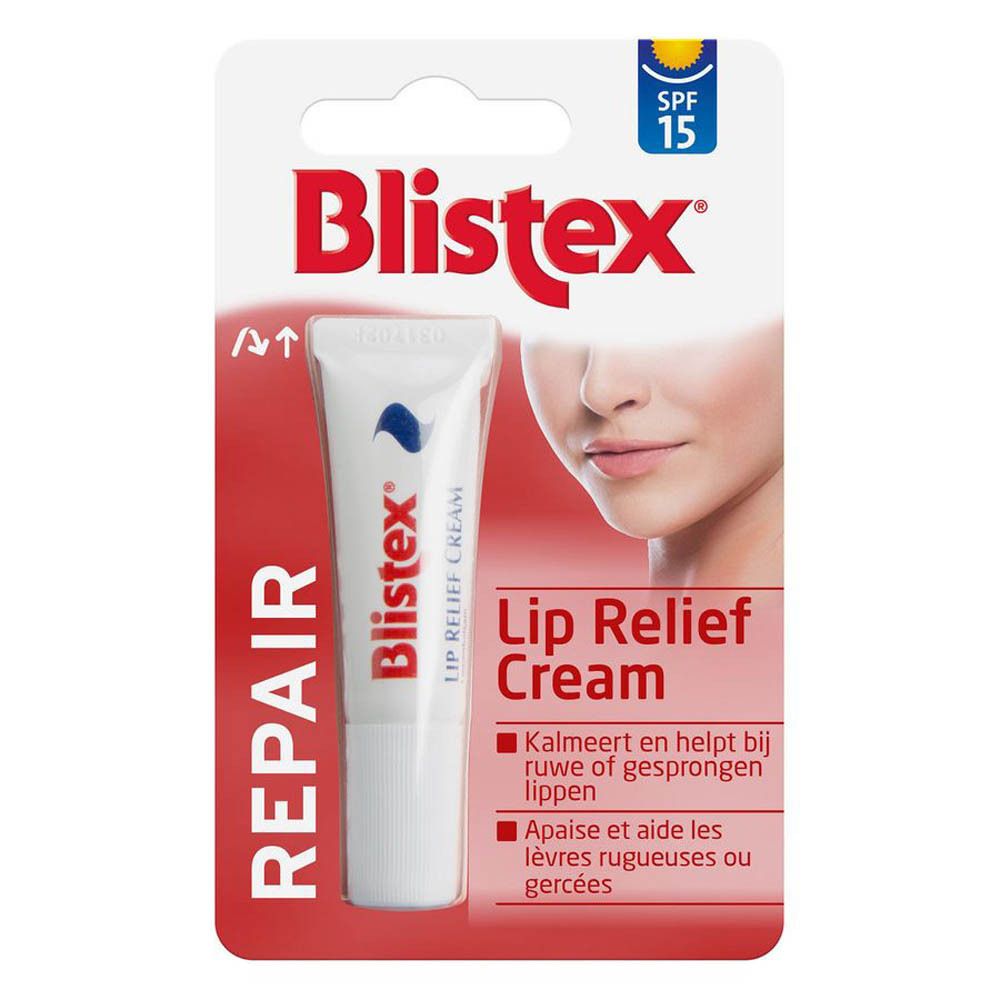Verpackung mit Blistex Lip Relief Cream. Tube mit roter Schrift und SPF 15. Aufgedrucktes Gesicht einer Frau.