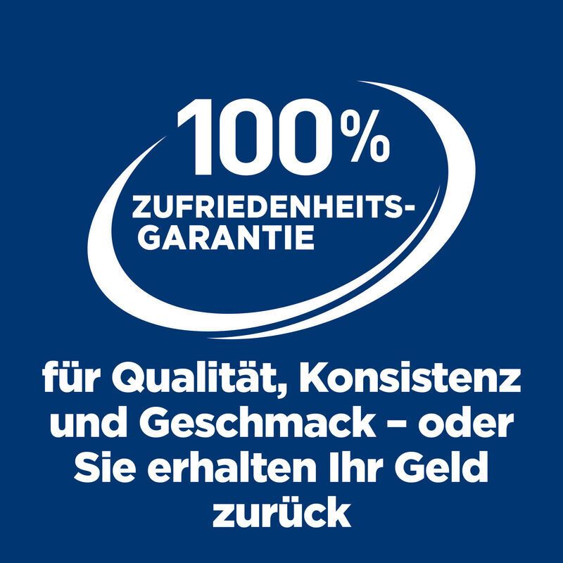 Blauer Hintergrund mit weißem Logo. Text: 100% Zufriedenheitsgarantie für Qualität, Konsistenz und Geschmack.
