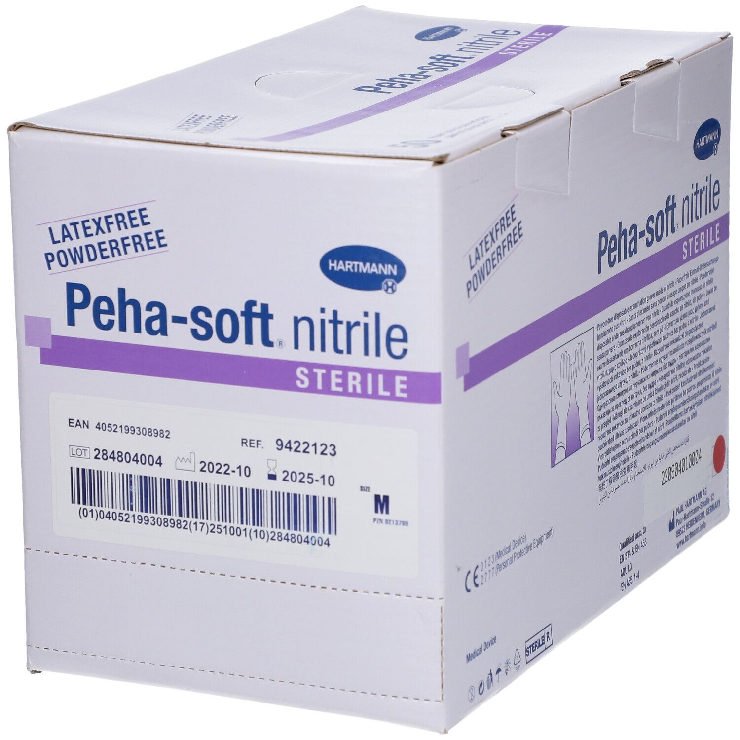 Karton mit Peha-soft nitrile sterile Handschuhen. Größe M. Latex- und puderfrei. Mit CE-Kennzeichnung.