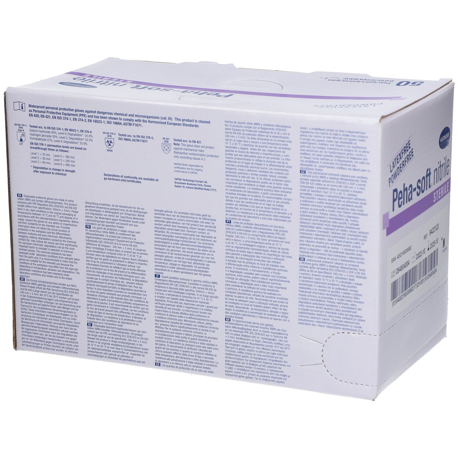 Rückseite eines Kartons mit Peha-soft nitrile sterile Handschuhen. Text in mehreren Sprachen. Mit CE-Kennzeichnung.