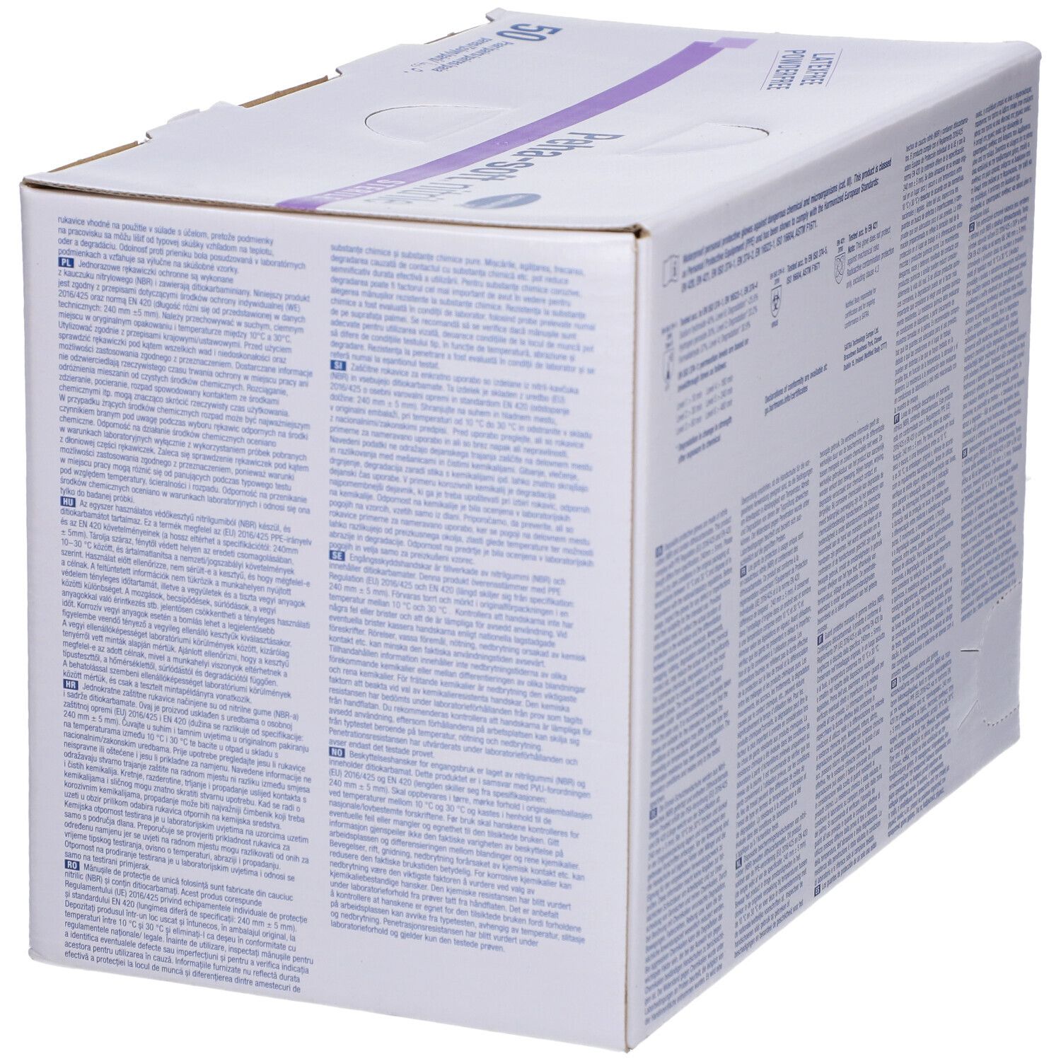 Schrägansicht eines Kartons mit Peha-soft nitrile sterile Handschuhen. Text in mehreren Sprachen. Mit CE-Kennzeichnung.