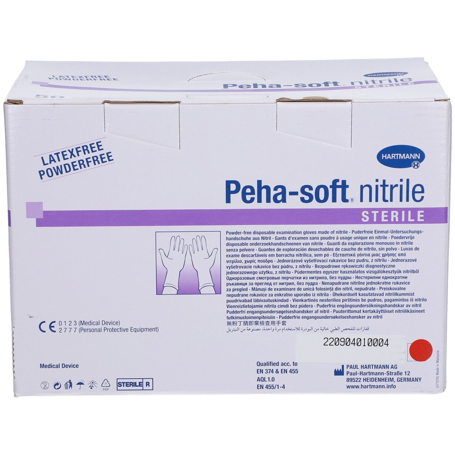 Karton mit Peha-soft nitrile sterile Handschuhen. Latex- und puderfrei. Mit CE-Kennzeichnung und Steril-Symbol.