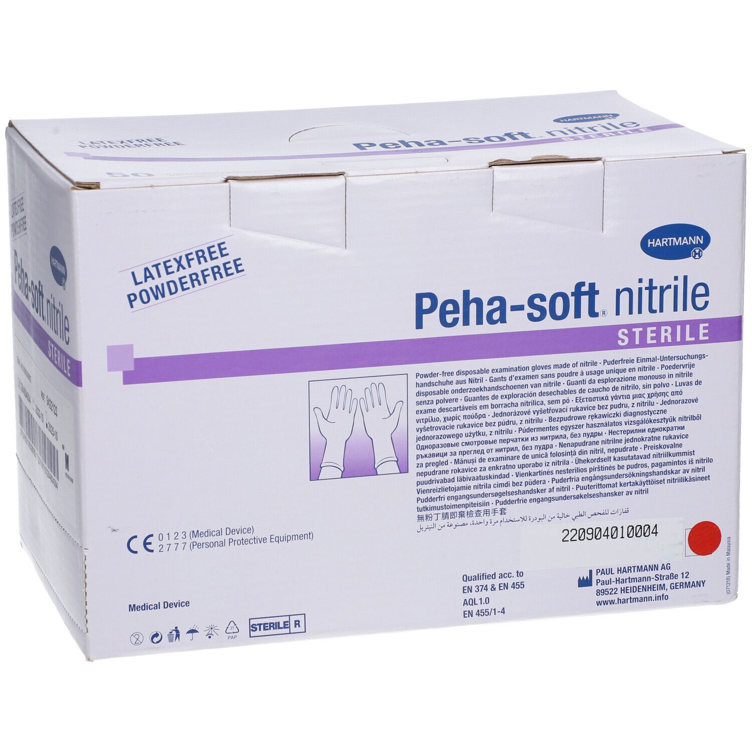 Karton mit Peha-soft nitrile sterile Handschuhen. Latex- und puderfrei. Mit CE-Kennzeichnung und Steril-Symbol.