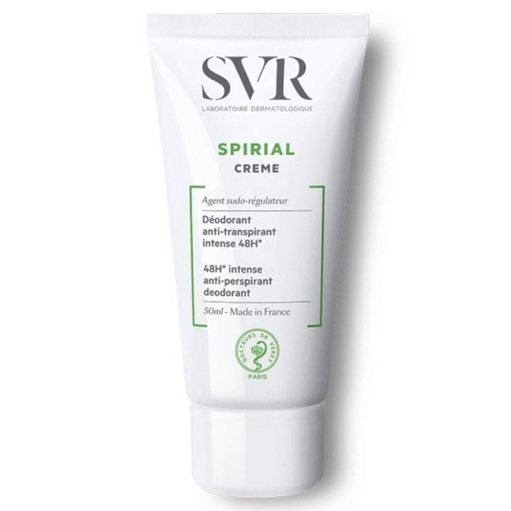 Weisse Tube mit SVR SPIRIAL Creme. Grün-weiße Beschriftung. Produktname und Logo deutlich sichtbar.
