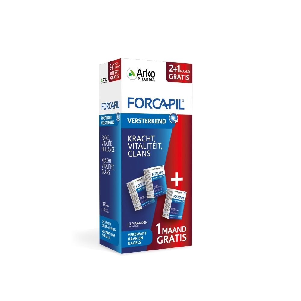 Forcapil-Schachtel. Aufschrift: Versterkend, Kracht, Vitaliteit, Glans. Enthält 3 Monatsrationen und 1 Monat gratis.