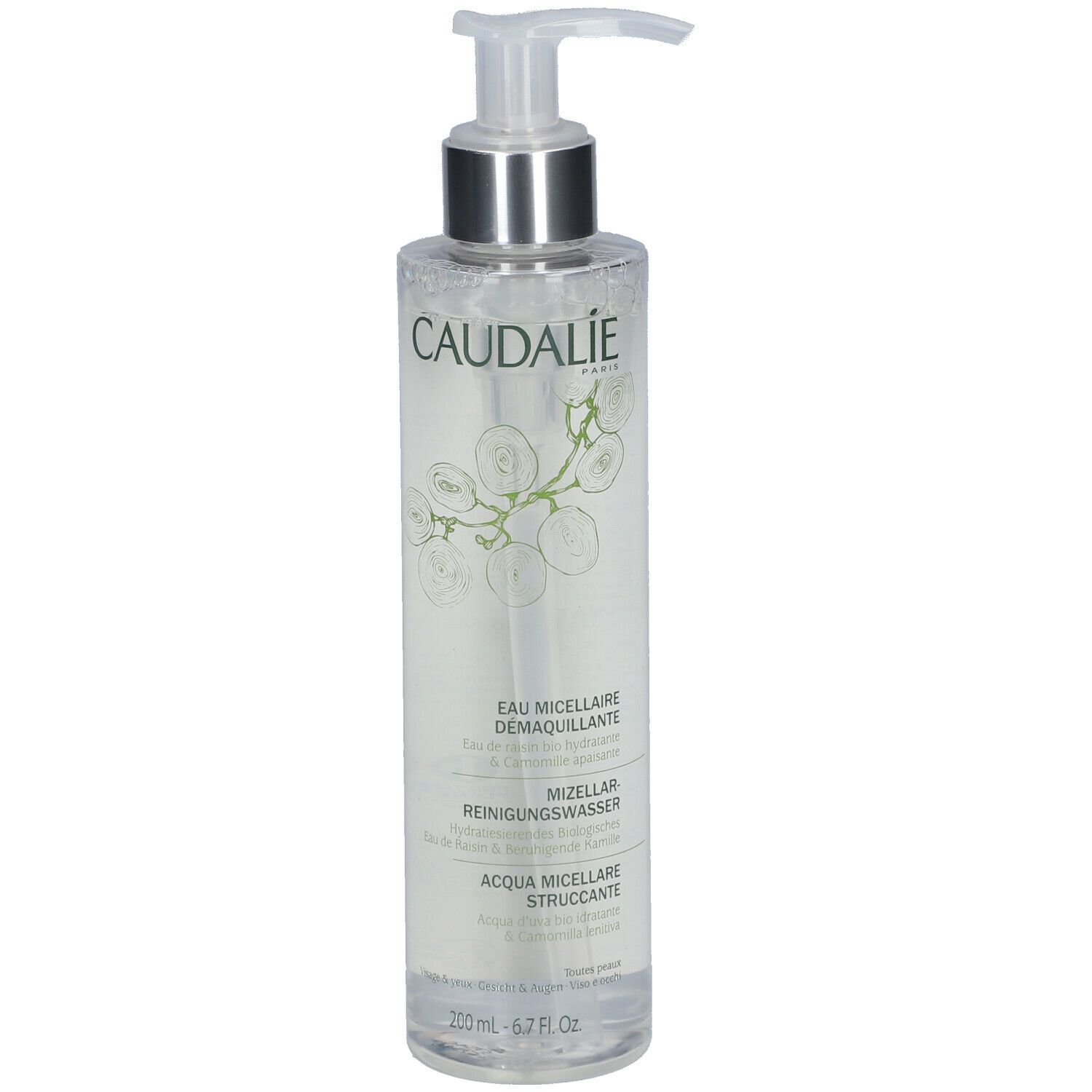 Klare Flasche mit Pumpe. Aufschrift CAUDALIE, Eau Micellaire Demaquillante, Mizellen-Reinigungswasser, Acqua Micellare Struccante. Mit floralem Design.