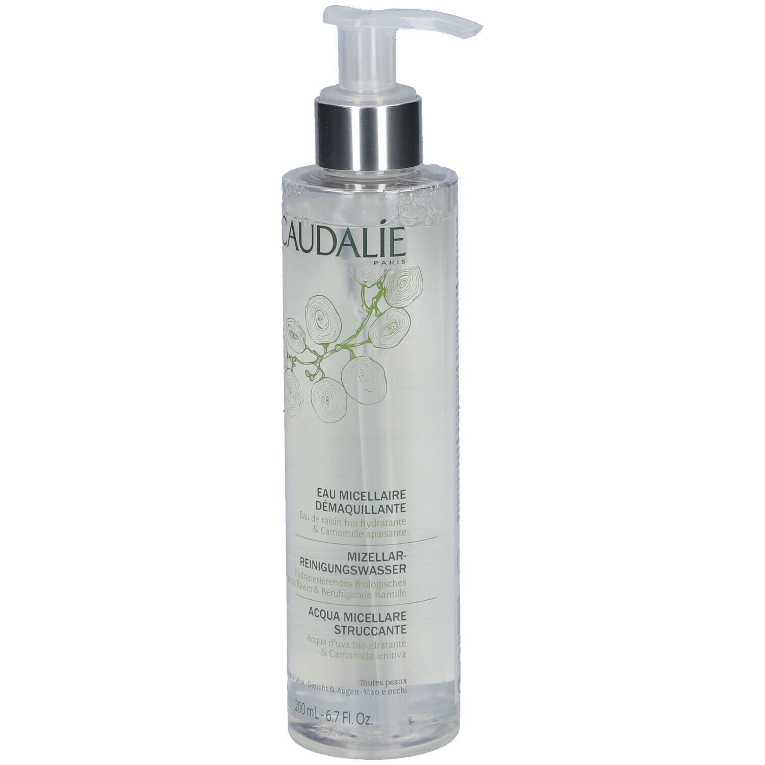 Klare Flasche mit Pumpe. Aufschrift CAUDALIE, Eau Micellaire Demaquillante, Mizellen-Reinigungswasser, Acqua Micellare Struccante. Mit floralem Design.