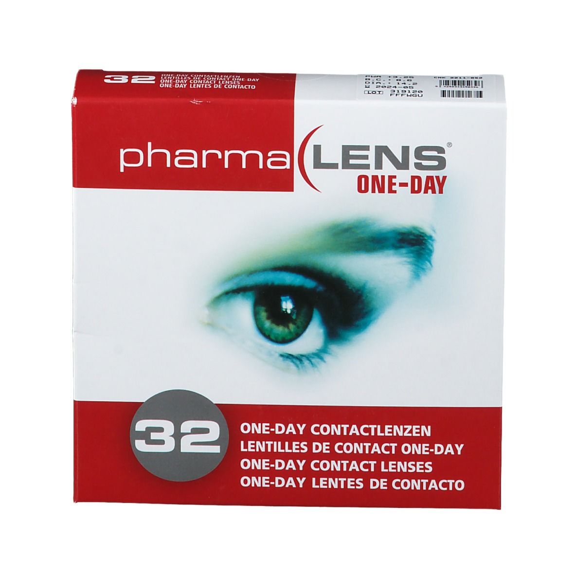 Verpackung für pharma LENS ONE-DAY Kontaktlinsen. 32 Linsen. Rote und weiße Verpackung mit Augenmotiv.