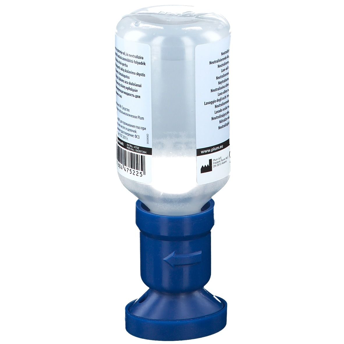 Rückansicht einer Augenspülflasche mit blauem Applikator. Mehrsprachige Informationen und Barcode auf dem Etikett.