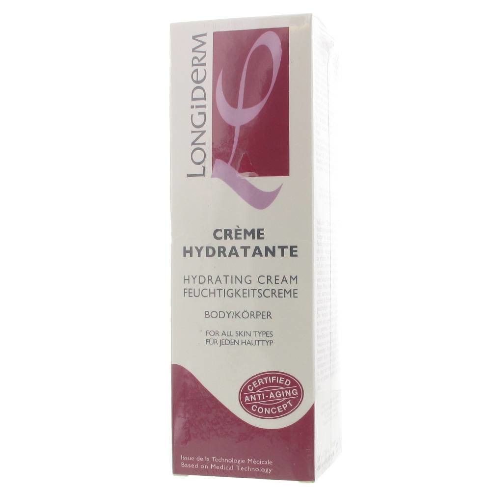 Kartonverpackung mit Produktinformationen. Aufschrift: Longiderm, Crème Hydratante, Hydrating Cream, Feuchtigkeitscreme, Body/Körper.