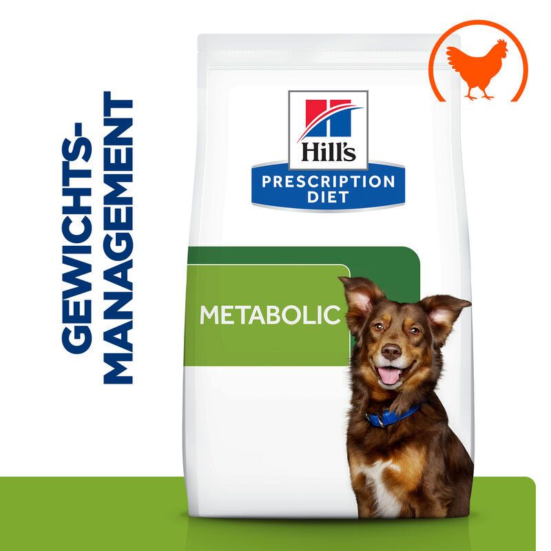 Hundefutterbeutel mit "Metabolic" und einem Hund. Logo von Hill's Prescription Diet. Mit Hähnchen-Symbol.