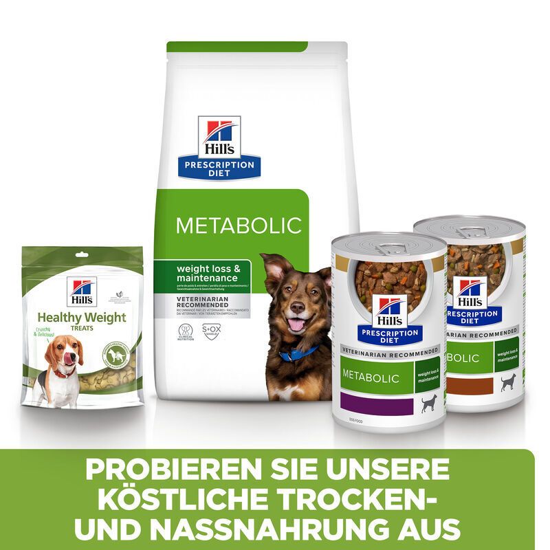 Verschiedene Produkte von Hill's Prescription Diet: Trocken- und Nassfutter, sowie Snacks für Hunde.