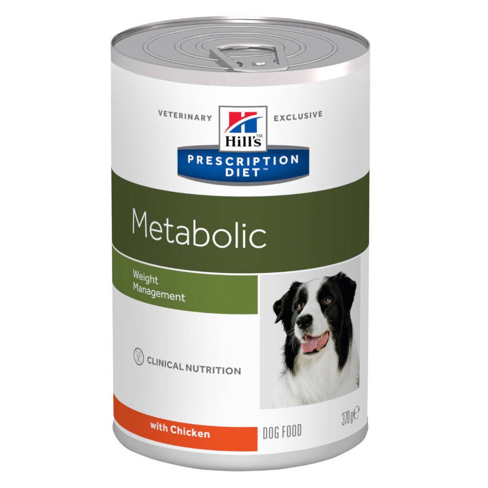Hills Prescription Diet Metabolic Hundefutter in Dose. Grün-weißes Etikett mit Hund, Text und Logo.