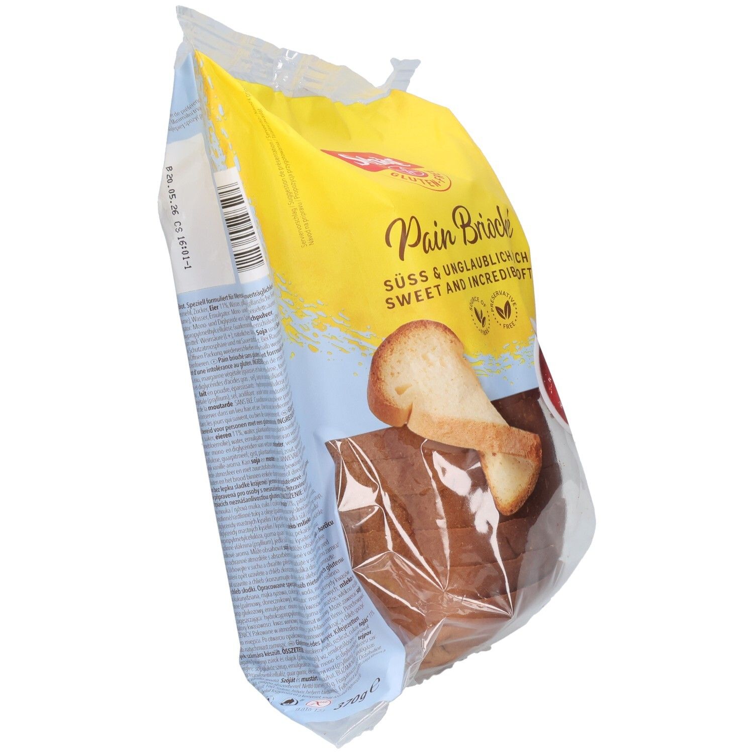 Verpackung Schär Pain Brioche Schnittbrot glutenfrei. Gelbe und blaue Verpackung mit Brot-Illustration. Sichtbar: Brotstücke.