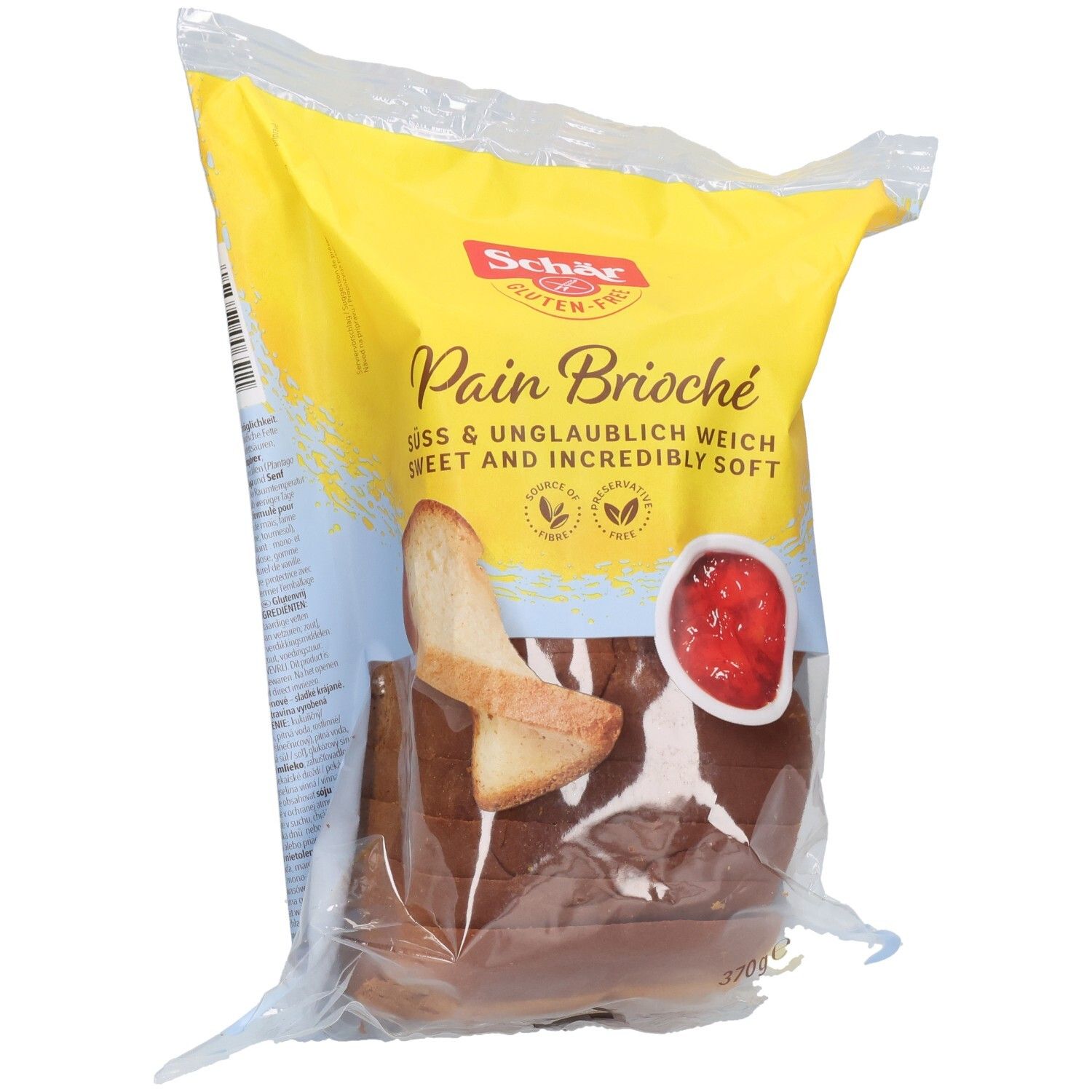 Verpackung mit Schär Pain Brioche Schnittbrot glutenfrei. Gelbe und blaue Verpackung mit Brot und Marmeladen-Illustration. 370g.