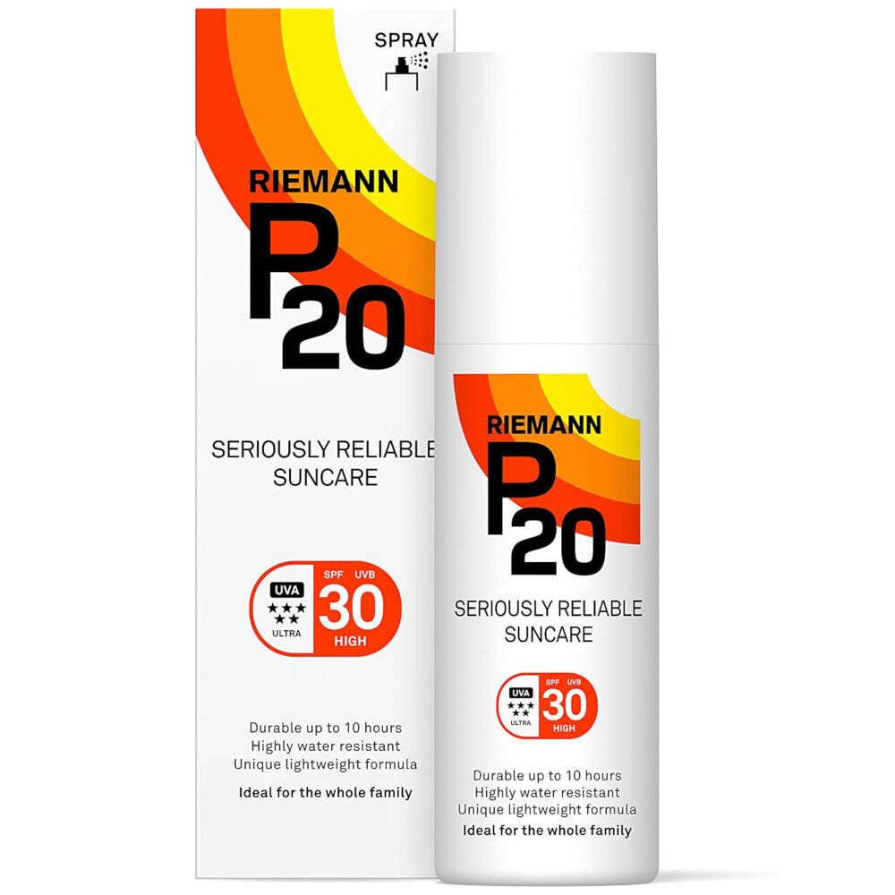 Weißes Spray mit Aufdruck. Auf der Verpackung steht: Riemann P20, SPF 30. Mit gelb-orangenem Design.