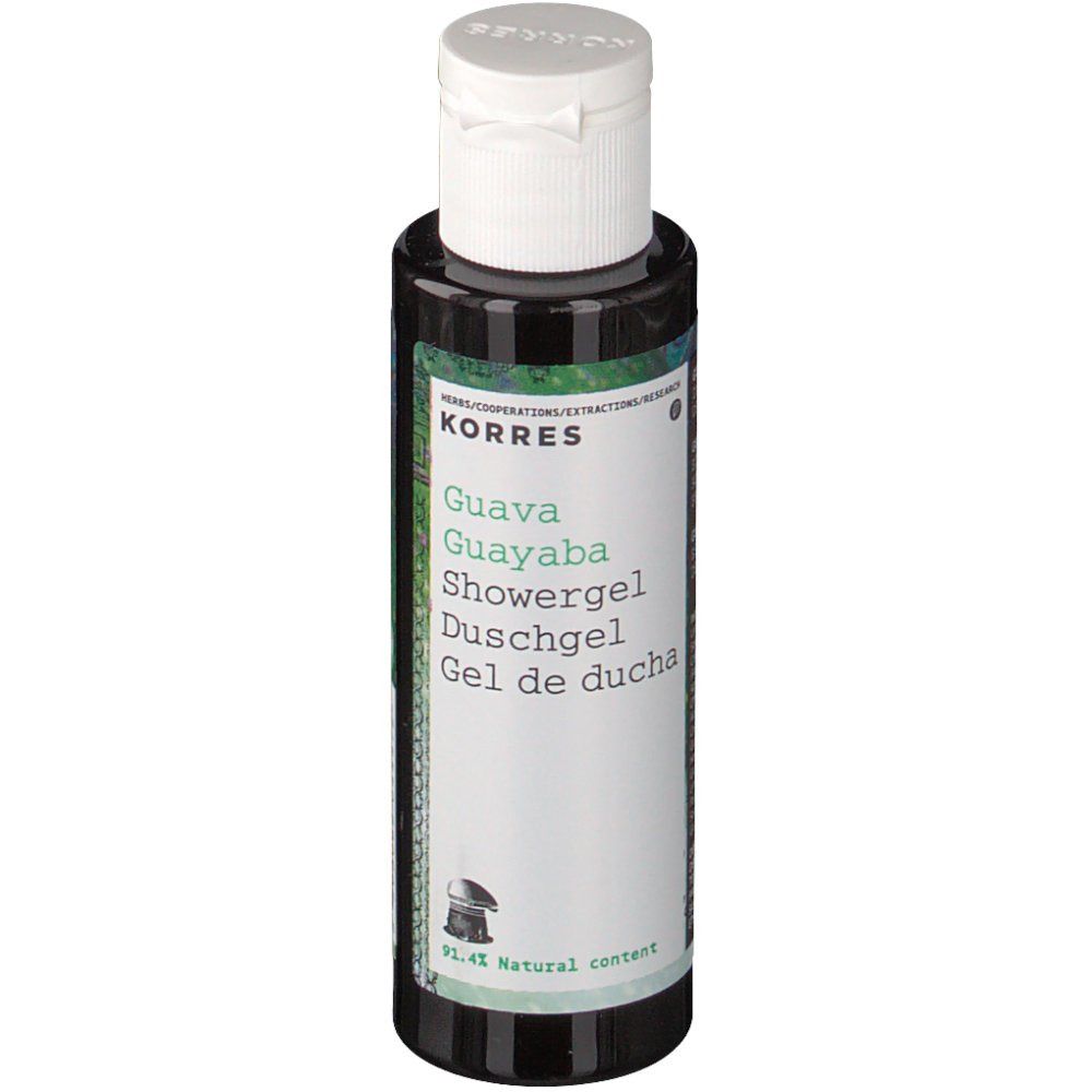 KORRES® Guave Duschgel. Schwarze Flasche mit weißem Deckel. Produktname und Marke auf dem Etikett.