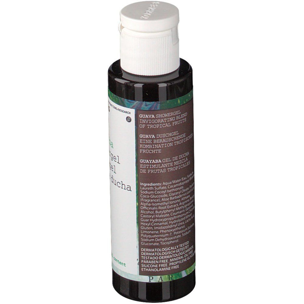 KORRES® Guave Duschgel. Rückansicht der Flasche. Text mit Inhaltsstoffen und Produktinformationen.