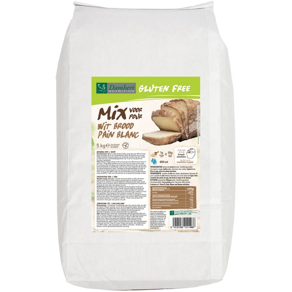 Weißbrot Backmischung glutenfrei in einem weißen Beutel. Aufdruck mit Produktname, Logo und Brot-Abbildung. 5 kg.