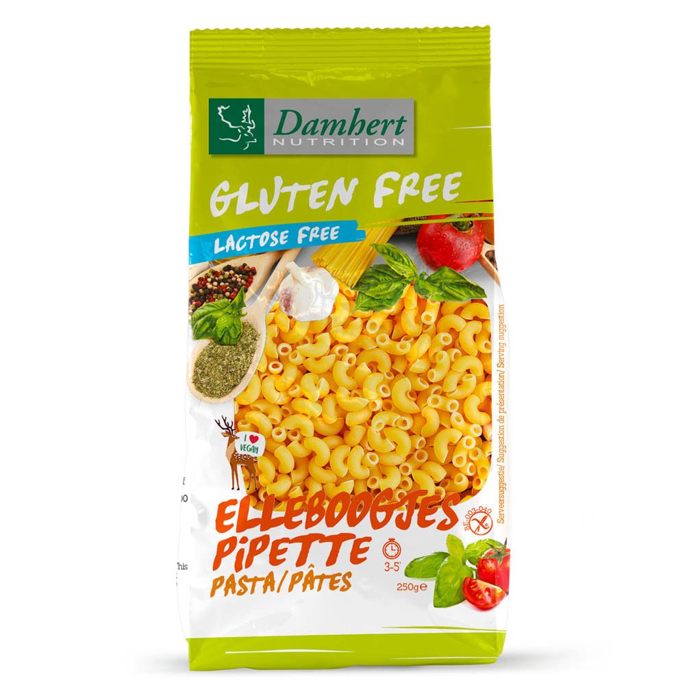 Damhert Pipette Pasta glutenfrei. Transparente Tüte mit gelben Nudeln. Aufdruck: Gluten Free, Lactose Free, Vegan.
