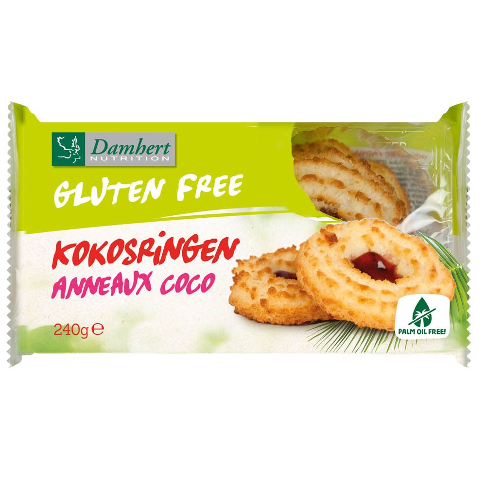 Verpackung mit Kokosringen mit Fruchtfüllung, glutenfrei. Marke Damhert. Sichtbar: 3 Ringe. Palmölfrei.