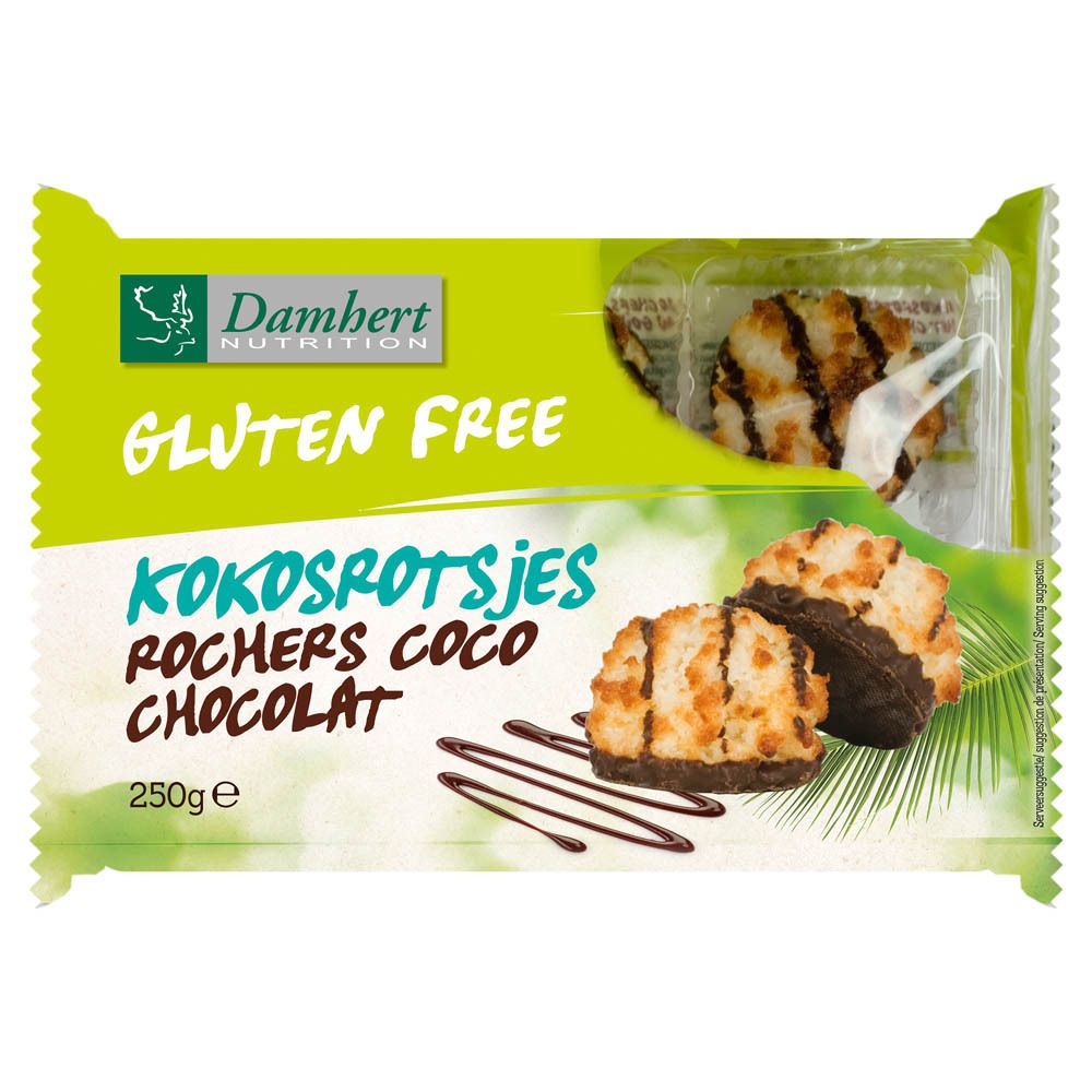Verpackung Kokosmakronen mit Schokolade. Glutenfrei. Marke, Produktname, Logo, 250g.