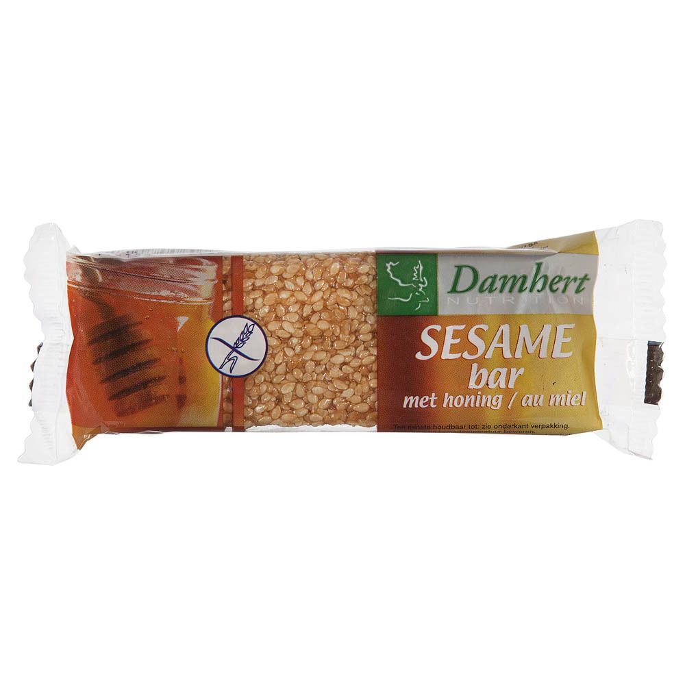 Sesam-Riegel in Folienverpackung. Aufdruck: Damhert Nutrition, Sesame bar, mit Honig/au miel. Honigwabe-Grafik.