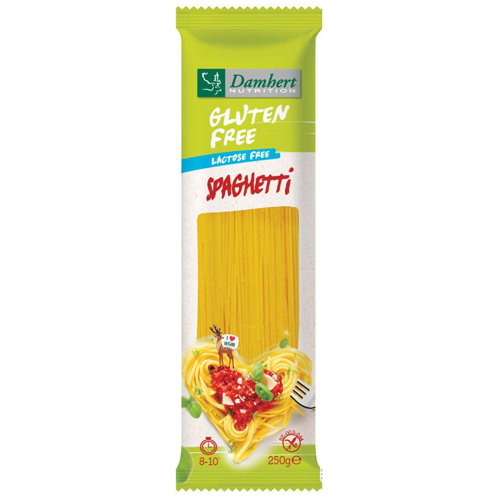 Verpackung glutenfreier Spaghetti. Marke Damhert. Text: Gluten Free, Lactose Free, Spaghetti. Abbildung von Spaghetti mit Tomatensauce und Gabel.