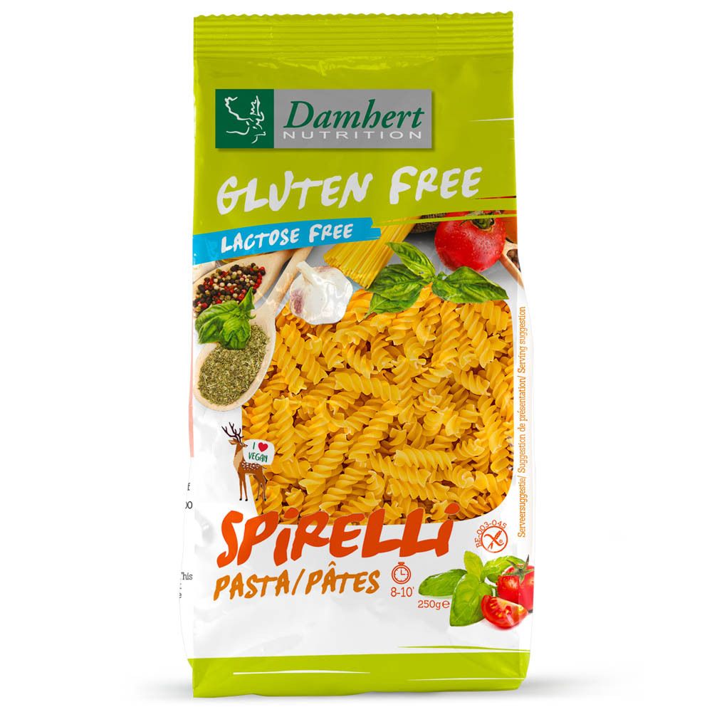 Vorderansicht der Spirelli Pasta Verpackung. Glutenfrei, lactosefrei. Gelbe Spirali-Pasta sichtbar.