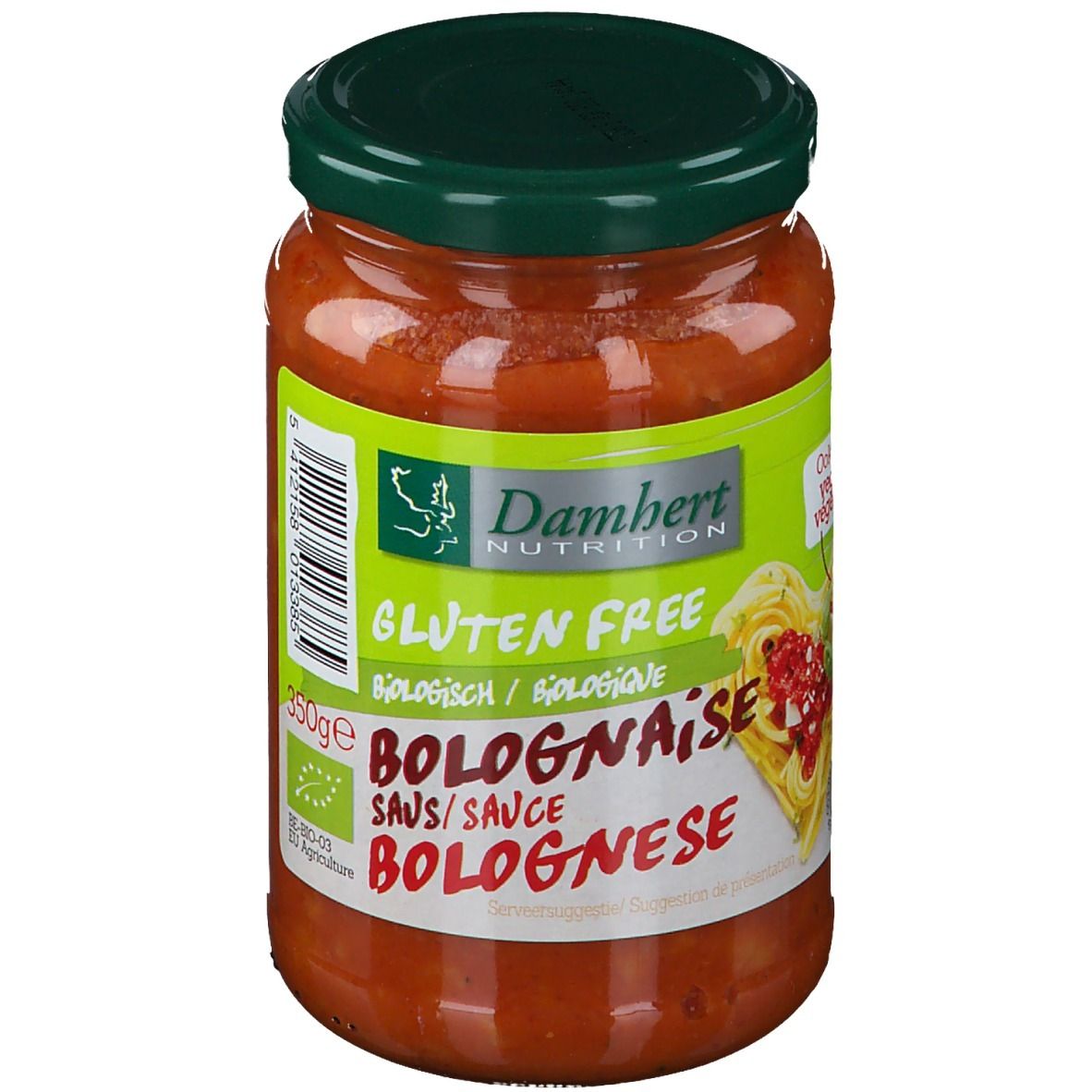Glas mit Bolognese-Sauce. Grün-weißes Etikett mit Logo, Schriftzug 'Gluten Free' und 'Bolognaise'.