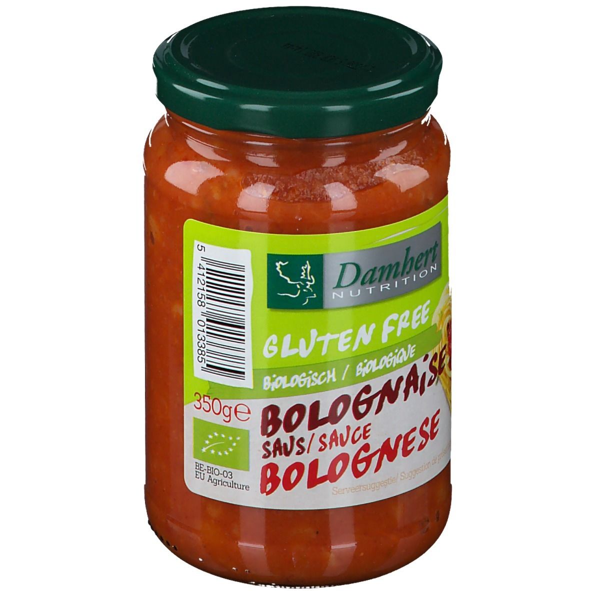 Glas Bolognese-Sauce. Grünes Etikett mit Logo, Schriftzug 'Gluten Free' und 'Bolognaise'. 350g.