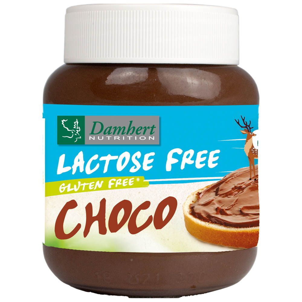 Glas mit Damhert Choco Aufstrich, lactosefrei und glutenfrei. 400g. Mit 13% Haselnüssen. Abbildung mit Brot.