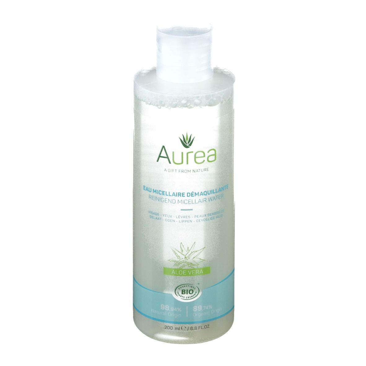 Klare Flasche mit weißem Deckel. Aufschrift Aurea, Mizellenreinigungswasser, Aloe Vera. Bio-Siegel.
