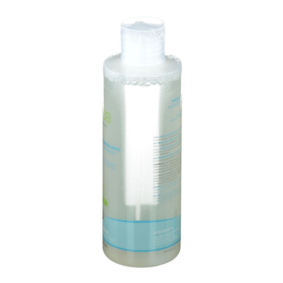 Transparente Flasche mit weißem Deckel. Rückseite mit Text. Hellblauer Streifen am unteren Rand.