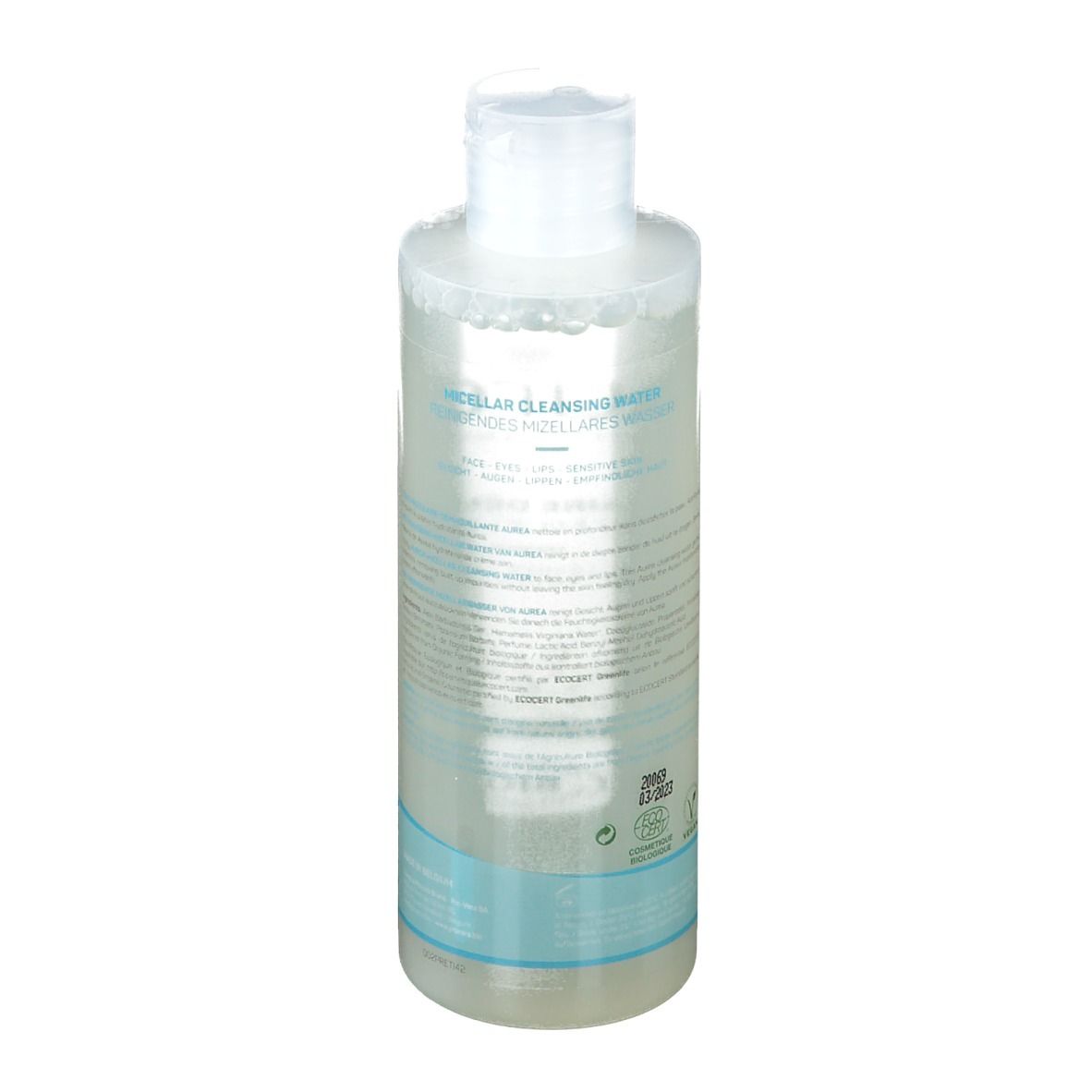 Transparente Flasche mit weißem Deckel. Rückseite mit Text. Hellblauer Streifen am unteren Rand.