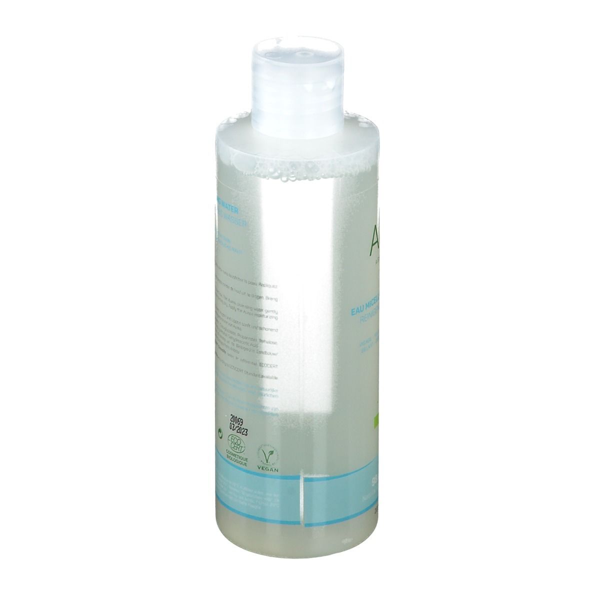 Transparente Flasche mit weißem Deckel. Rückseite mit Text. Hellblauer Streifen am unteren Rand.