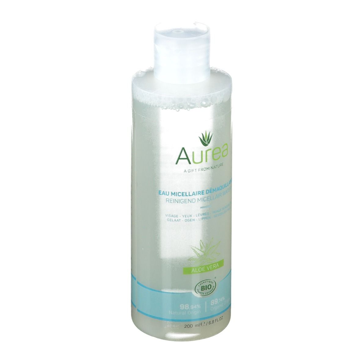 Klare Flasche mit weißem Deckel. Aufschrift Aurea, Mizellenreinigungswasser, Aloe Vera. Bio-Siegel.
