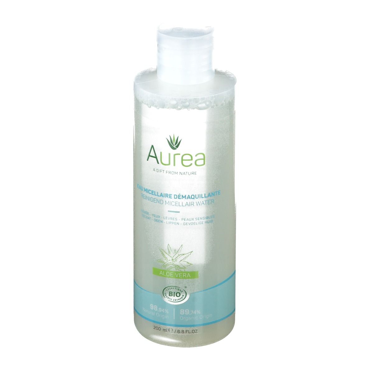 Klare Flasche mit weißem Deckel. Aufschrift Aurea, Mizellenreinigungswasser, Aloe Vera. Bio-Siegel.