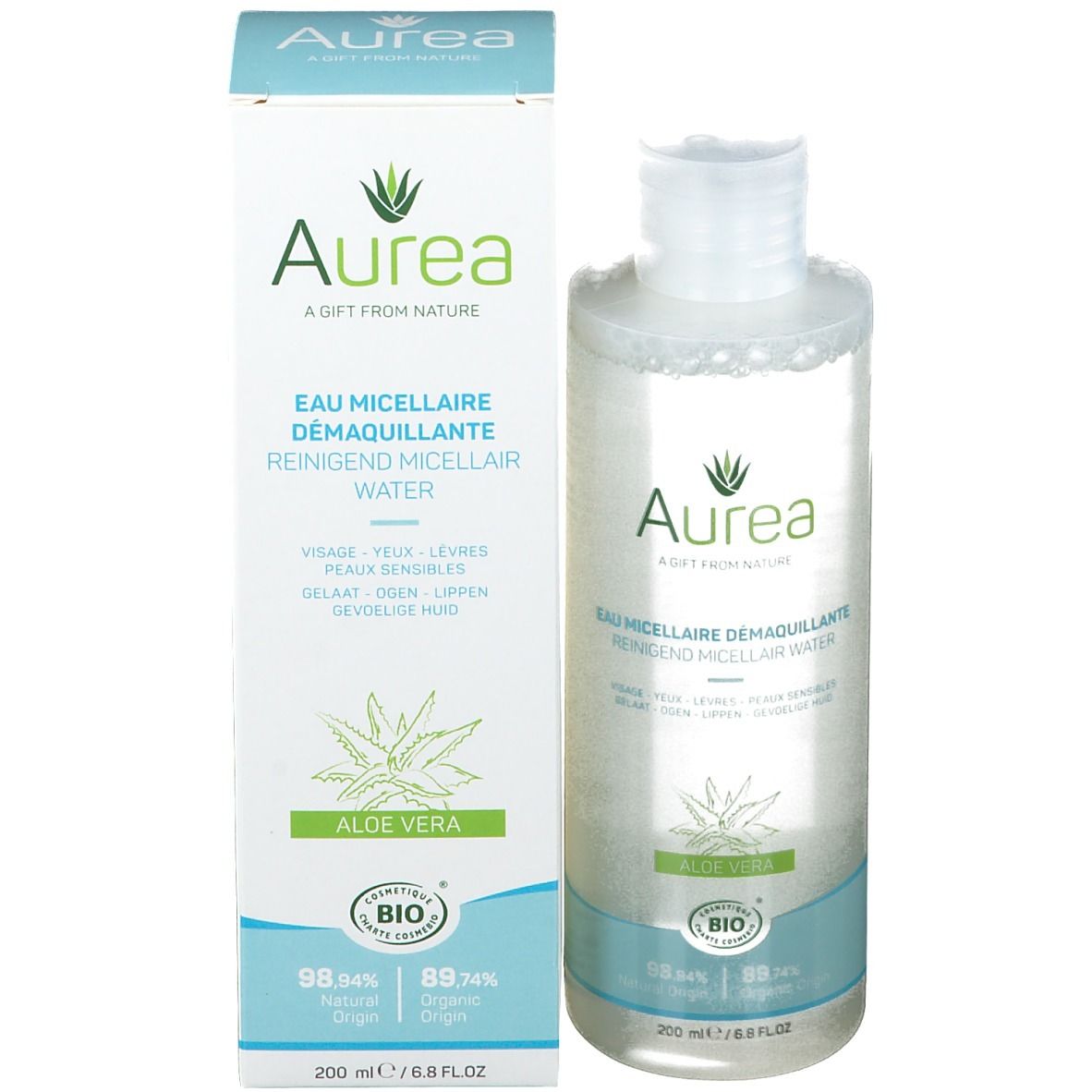 Produktflasche und Verpackung. Aufschrift Aurea, Mizellenreinigungswasser, Aloe Vera. Bio-Siegel.