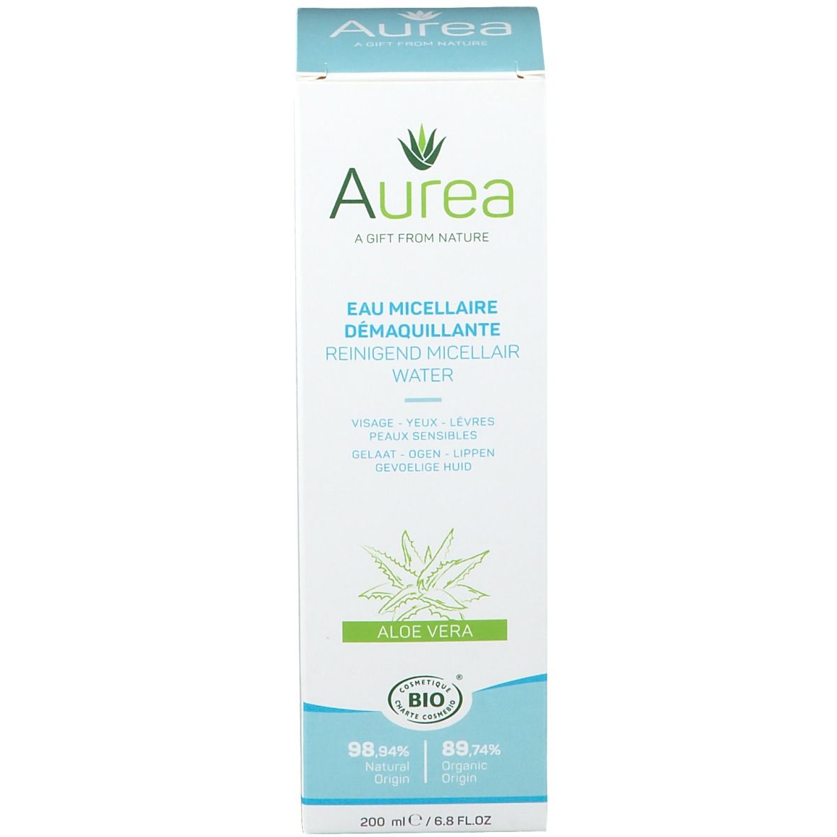 Hohe, rechteckige Verpackung. Aufschrift Aurea, Mizellenreinigungswasser, Aloe Vera. Bio-Siegel.