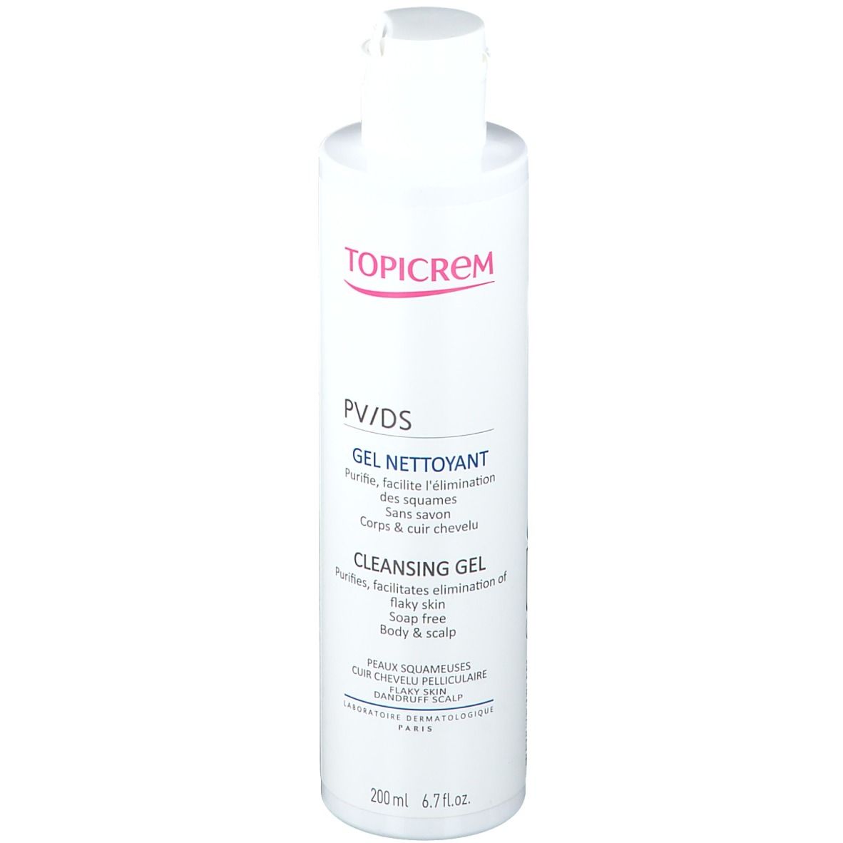 Weißes TOPICREM PV/DS Gel nettoyant. Flasche mit roter Schrift. Produktname und Text auf Französisch und Englisch.