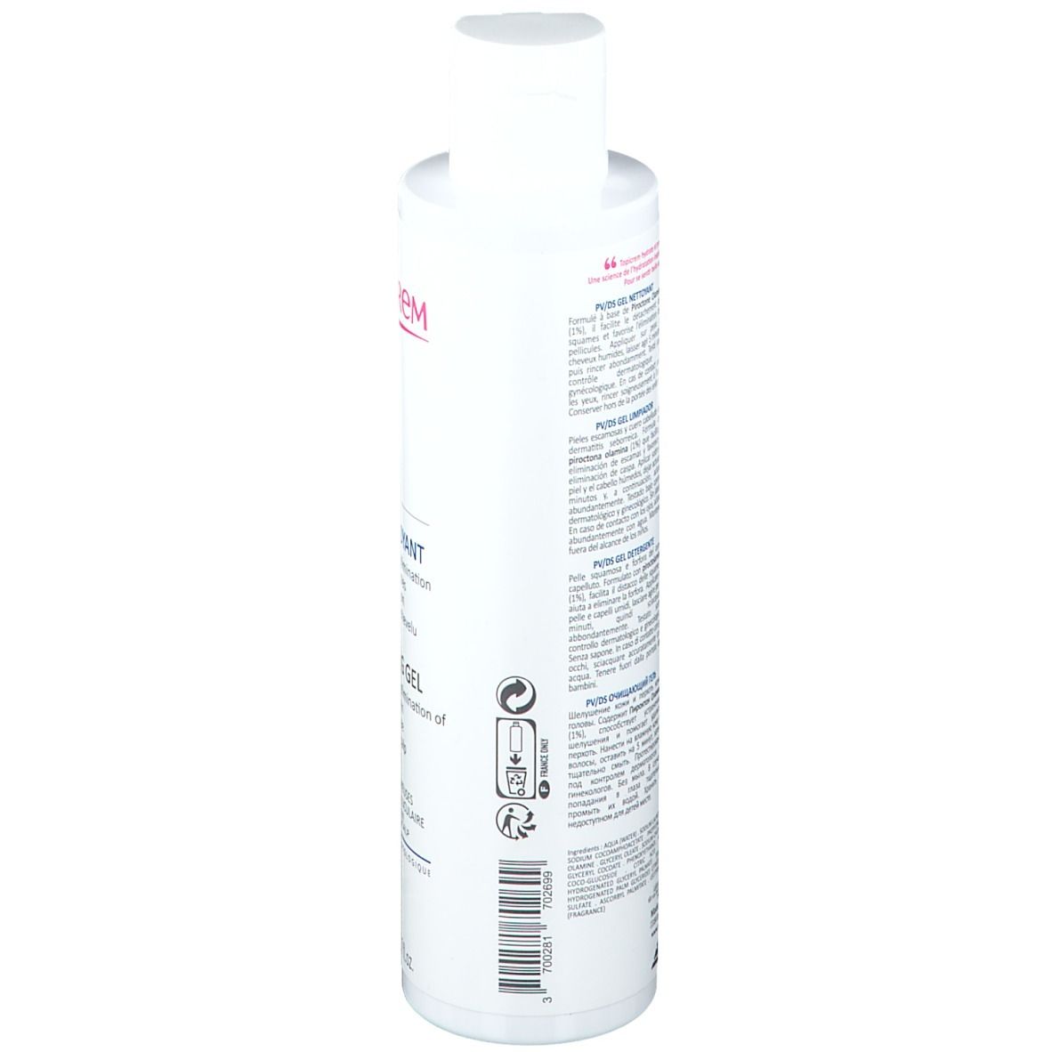 Weiße Flasche TOPICREM PV/DS Gel nettoyant. Rückseite mit Text und Symbolen. Barcode und Informationen.