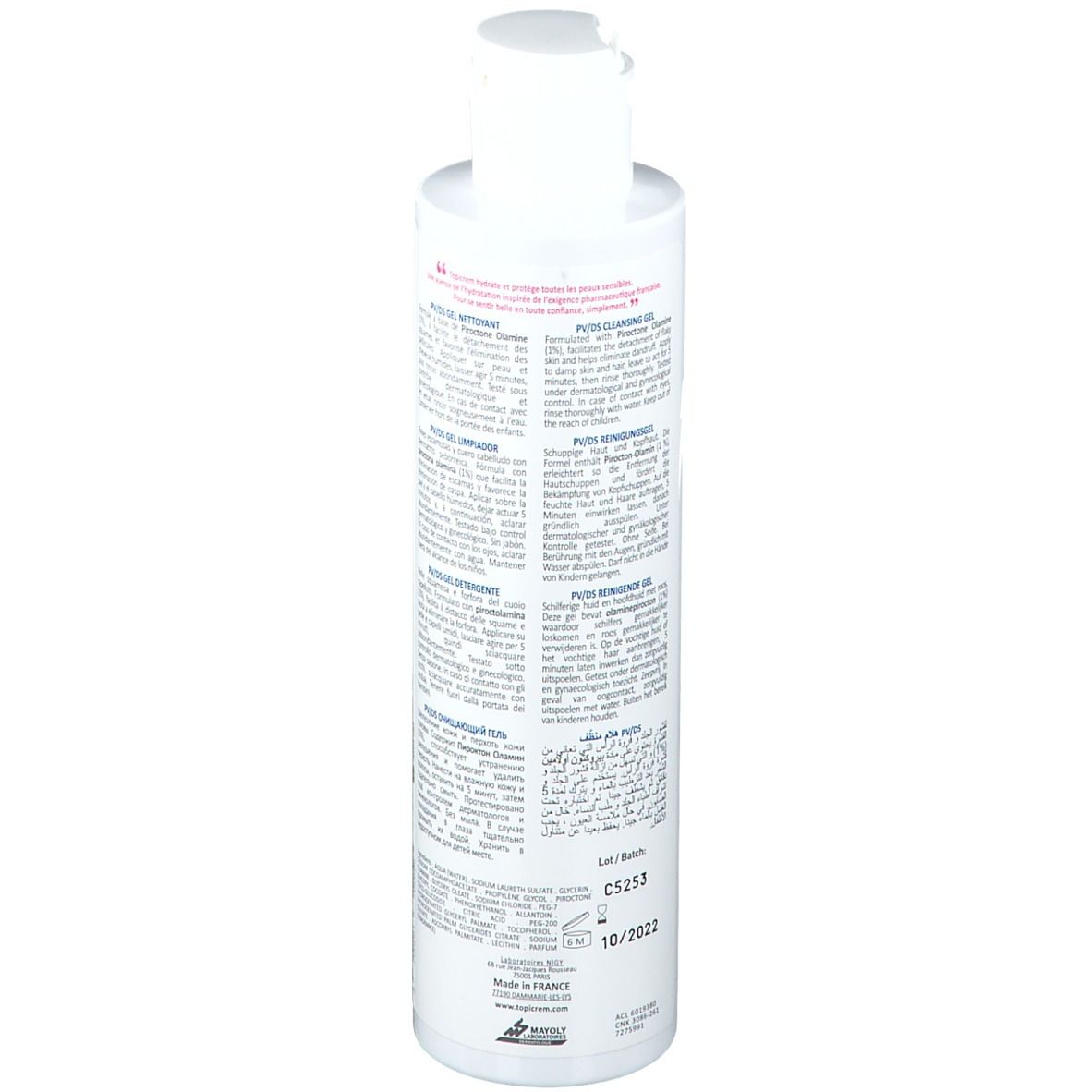 Rückansicht der weißen Flasche TOPICREM PV/DS Gel nettoyant. Text in mehreren Sprachen. Barcode und Chargennummer.