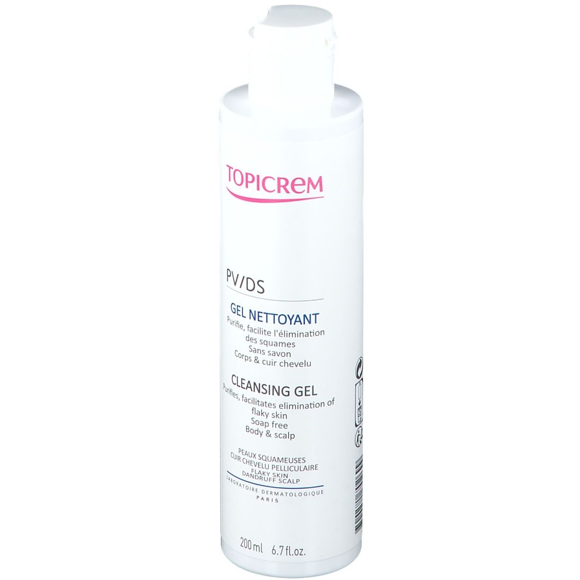 Weißes TOPICREM PV/DS Gel nettoyant. Flasche mit roter Schrift. Produktname und Text auf Französisch und Englisch.