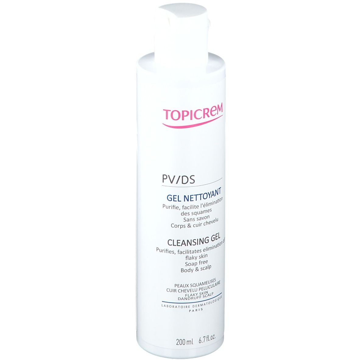 Weißes TOPICREM PV/DS Gel nettoyant. Flasche mit roter Schrift. Produktname und Text auf Französisch und Englisch.